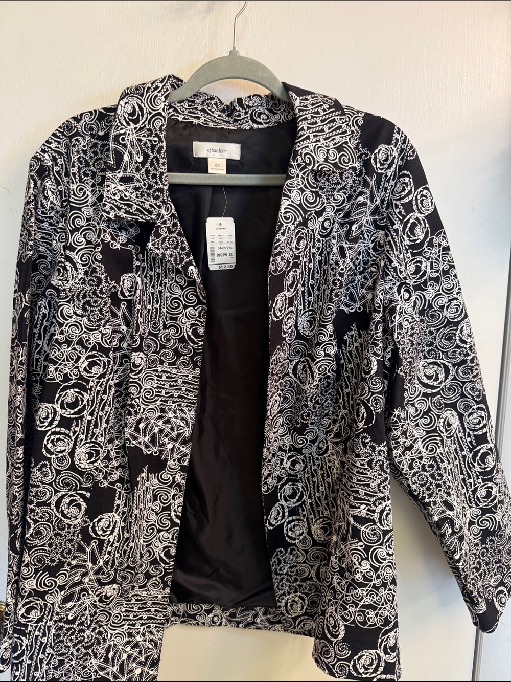 CJ Banks Black and White Swirl Print Open-Front Jacket